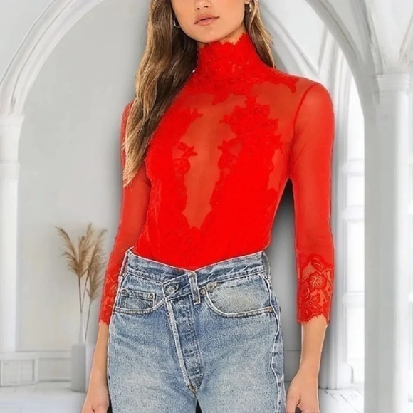 Free People / Revolve x Take HAH Bow Bodysuit Blood Orange REVERSIBLE MED - Picture 1 of 15